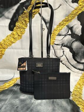 Burberry Black Check Tote with Matching Pouch